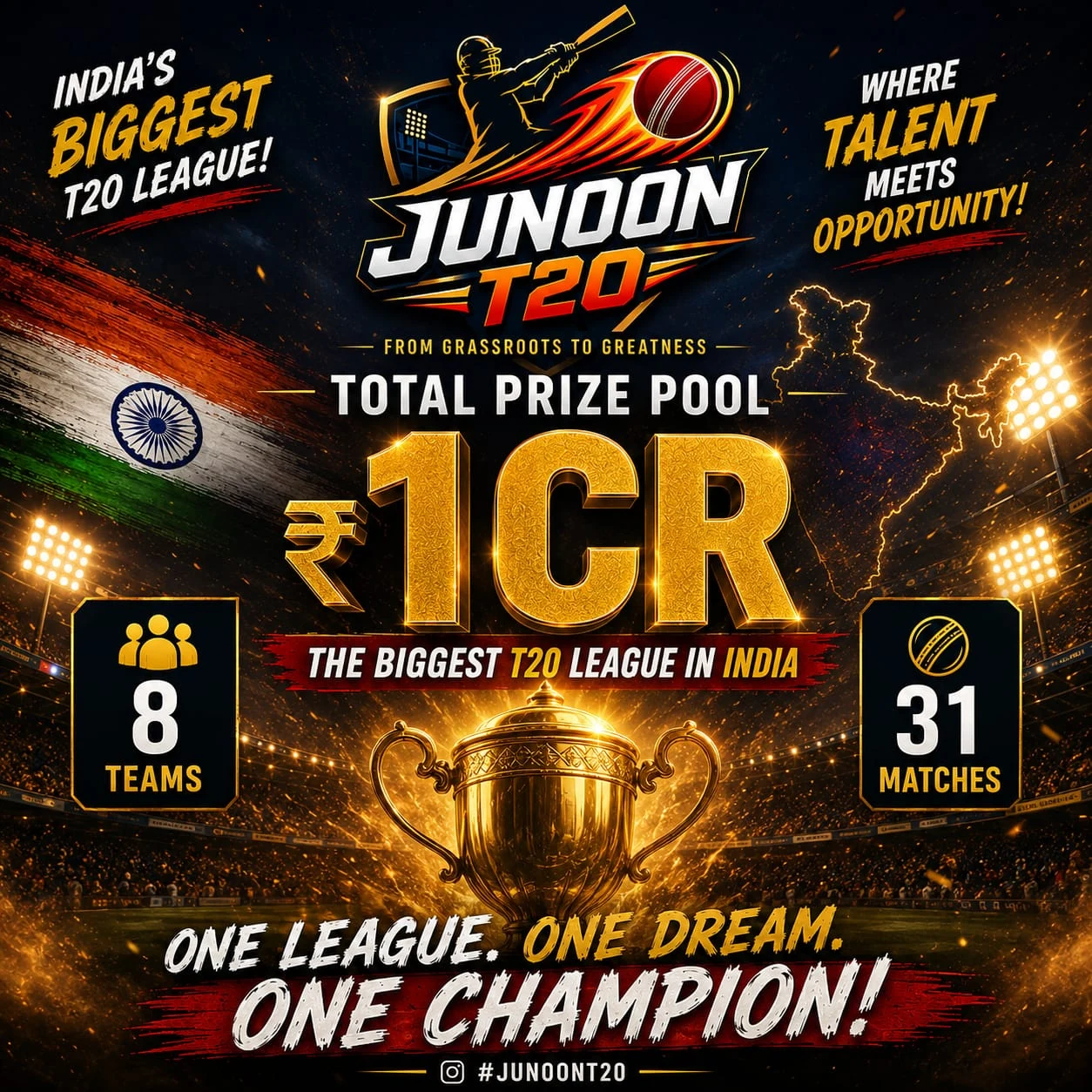 Junoon T20 League promotional poster showing 1 crore prize pool, 8 teams and 31 matches